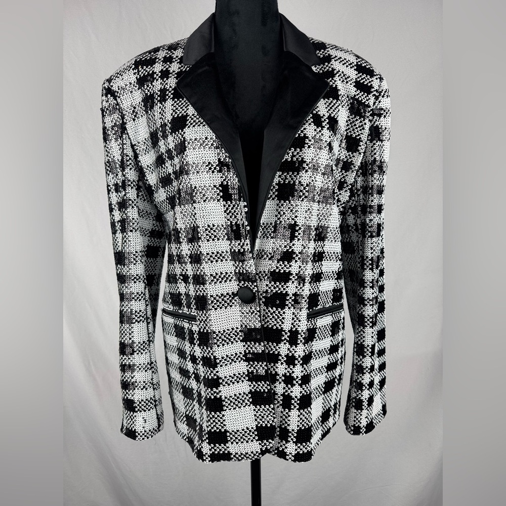 NWOT Steve Madden Sequin Black and White Tweed Plaid Blazer